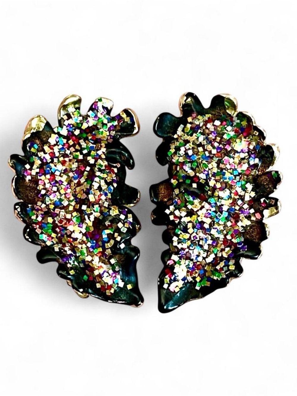 Vintage Black Rainbow Confetti Resin Glitter Leaf Clip-On Earrings Cosmic Party